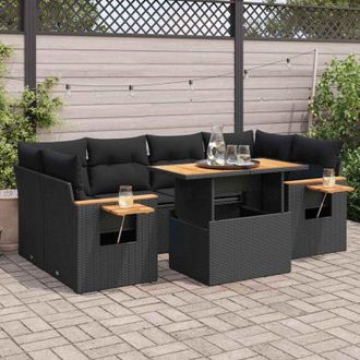 vidaXL Set Sof&aacute;s Jard&iacute;n Y Cojines 7 Pzas Rat&aacute;n Sint&eacute;tico Acacia Negro Vidaxl