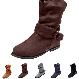 Generic Slouch Boots Flat Boots for Women UK Fold Over Boot Mid Calf Boot Women Side Zipper Ladies Cowgirl Booties Slip on Slouch Round Toe Suede Vintage Flat
