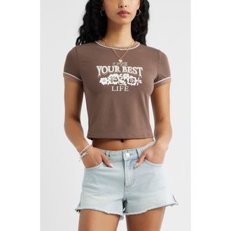 BP. Ringer Crop Graphic Baby Tee in Brown Your Best Life at Nordstrom, Size Xx-Small