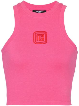 Balmain logo-embroidered cropped tank top - Pink