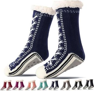 Generic Ultra-Thick Cashmere Slipper Home Socks, Women Non-Slip Fluffy Soft Warm Winter Socks with Grippers for Winter Indoor (Navy Blue)