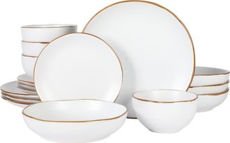 Gibson Home Hazeltine 16-Piece Reactive Glaze Stoneware Dinnerware Set in White With Brown Rim at Nordstrom