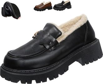 Generic Winter Shoes Womens Wool Lining Thick Sole Leather for Women Platform Chunky Loafer with Chain Slip on Casual Shoes Business Casual Shoes Black
