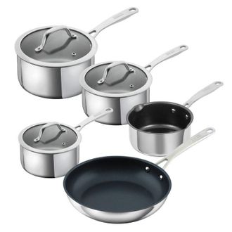 Kuhn Rikon Allround Stainless Steel 5-Piece Mixed Cookware Set - 16cm/18cm/20cm Saucepan, 16cm Milk Pan & 24cm Non-Stick Frying Pan in Silver