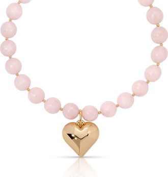 Ettika Luck & Love Stone Puffy Heart Pendant Necklace in Rose Quartz at Nordstrom