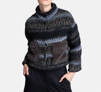 Tricot Chic Button Cardigan With Fur Pockets In Brown And Grey
