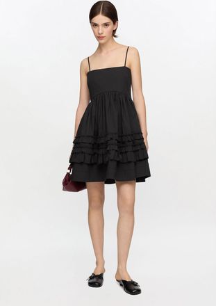 Ganni Black Mini Frill Dress - Size 34 Organic Cotton