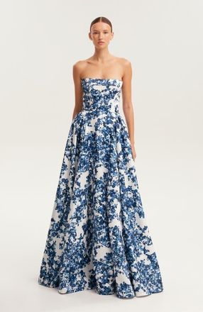 Milla Blue Floral Strapless Maxi Evening Gown with Corset Bodice at Nordstrom, Size 8