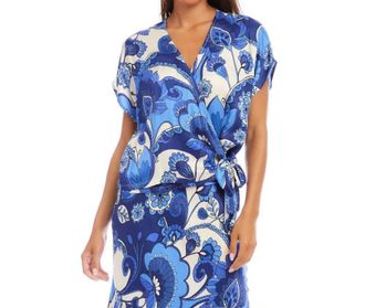 Karen Kane Blouson Wrap Tie Top In Print Blue