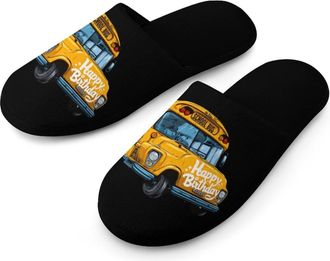 Generic School Bus Happy Birthday Mens Slippers Warm Non-Slip Houes Shose Spa Slipper for Home Bedroom