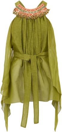 Alberta Ferretti Vloeiende blouse met contrasterende kraag - Dames - Tops zonder mouwen - Groen - S - Linnen - Tops