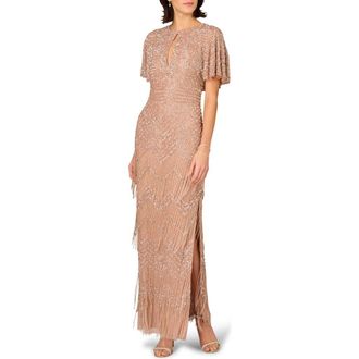 Aidan Mattox Beaded Fringe Flutter Sleeve Maxi Column Gown in Rose Gold at Nordstrom, Size 10