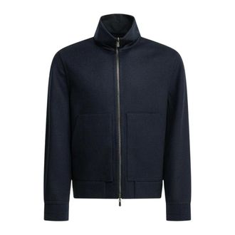 Brunello Cucinelli Bomberjack met rits en ruitpatroon - Heren - Sweatshirts & Hoodies - Blauw - Maat: XL Katoen
