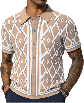 Generic Mens Printed Knit Polo Tops Short Sleeve Button Down Summer Beach Knitted Shirt