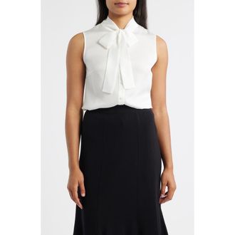 Misook Pussybow Sleeveless Button-Up Shirt in White at Nordstrom, Size X-Large