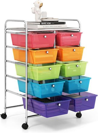 Costway Carrito Auxiliar Con Ruedas, Carro Almacenaje Con 10 Cajones Grandes Y Apilables, Carrito Organizador Con Ruedas Bloqueables De Metal Para Cocina Ofic