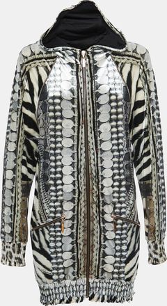 Roberto Cavalli Black/white Printed Velvet Zip Front Hooded Jacket