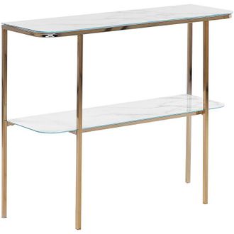Beliani Tavolo consolle glamour effetto marmo 100 x 35 cm piano bianco gambe in metallo dorato Calvert