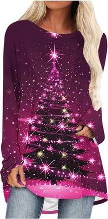 Generic Christmas Sweatshirts for Women Xmas Tree Graphic Long Sleeve Tops Loose Casual T-Shirts Ladies Christmas Jumpers Crewneck Lightweight Comfy Pullover 
