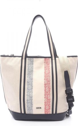 Dior Ivory Navy Red Color Canvas Leather Handbag Tote Bag (Pre-Owned)