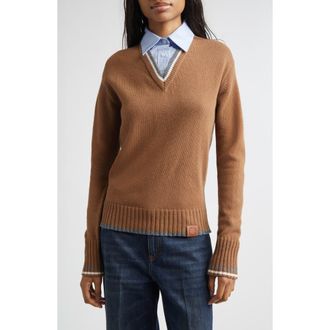 Stella McCartney Hybrid Knit Virgin Wool & Cotton Shirting Sweater in Caramel at Nordstrom, Size X-Large