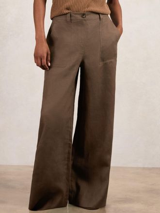 Reiss Chocolate Brown Petite Linen Wide-leg Trousers, 10