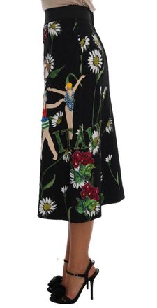 Dolce & Gabbana Womens Black Embellished Daisy Brocade Skirt Viscose