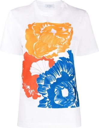 Ferragamo Gebloemd katoenen T-shirt met borduursel - Dames - T-shirts - Wit - L - Katoen - Tops