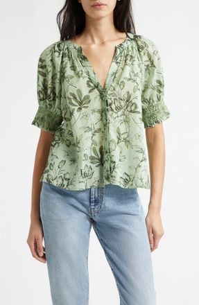 Alice & Olivia Thalia Floral Cotton Puff Sleeve Top in Mystic Garden Sage at Nordstrom, Size X-Large