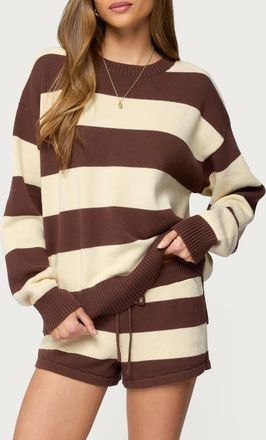 Edikted Riley Stripe Oversize Cotton Sweater in Brown-And-Beige at Nordstrom, Size X-Small