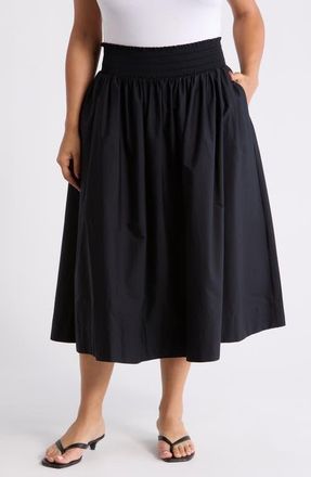 Nordstrom Smocked Waist Pleated Midi Skirt in Black at Nordstrom, Size 2X