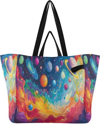 Generic Galaxy Planet Colorful pattern Reusable Canvas Tote Bag, Heavy Duty Grocery Shopping Bag with Large Capacity Hard Bottom Double Handles Work Groceries