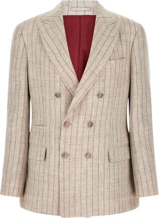 Brunello Cucinelli Chalk Stripe Twill Blazer - Heren - Business blazers - Beige - L - Linnen - Kostuums
