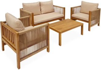 Sweeek Conjunto de muebles de jard&iacute;n de madera y cuerda, 4 plazas, beige