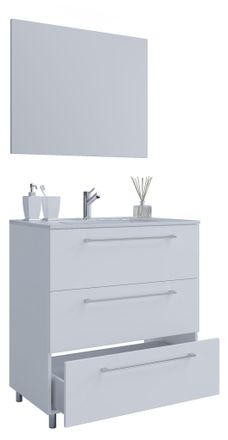 ebuy24 Ebuy24 - Vcm 3 Piezas Lavabo Lavabo Gabinete Inferior Ancho 80 Cm Muebles De Ba&ntilde;o Conjunto De Pie Con Tres Cajones Espejo Badinos (blanco)