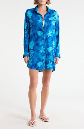Boho Me Long Sleeve Cover-Up Button-Up Shirt in Blue Ocean at Nordstrom Rack, Size X-Large