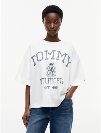Tommy Hilfiger Womens Relaxed Fit Varsity Crest Logo T-Shirt - White - XL