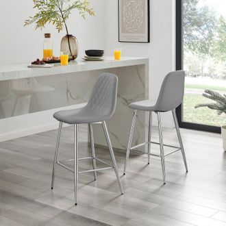 Furniturebox Corona Set of 2 Counter Stools - Faux Leather Counter Stools With Silver Legs - Kitchen Island Stool in Grey
