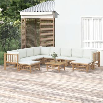 vidaXL Set De Muebles De Jard&iacute;n 11 Piezas Bamb&uacute; Y Cojines Blanco Crema Vidaxl