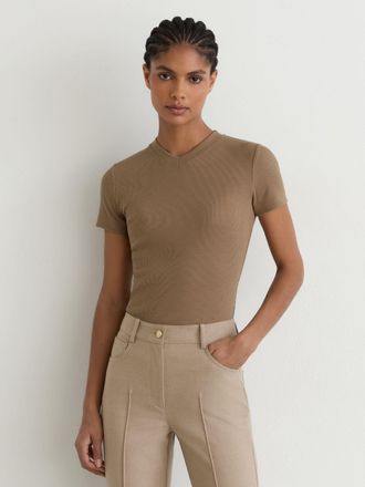 Reiss Camel Cotton-stretch High V-neck T-shirt, XS