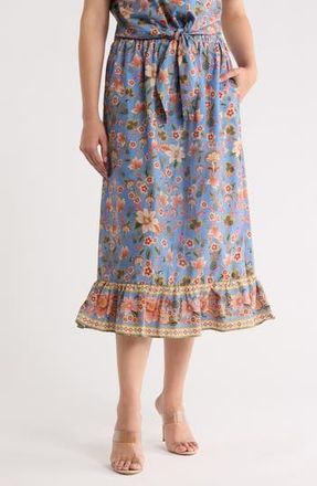 T Tahari Ruffle Hem Cotton Poplin Skirt in Blue Wild Flower Print at Nordstrom Rack, Size X-Large