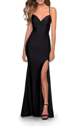 La Femme Form Fitting Dress with Ruched Bow Bodice in Black at Nordstrom, Size 12