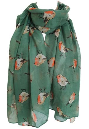 GlamLondon Womens Watercolour Robin Bird Printed Christmas Scarf (Green)(Size: L)