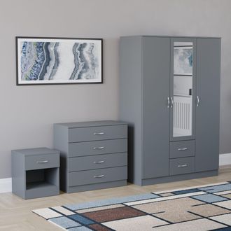 Home Discount Vida Designs 3Pc Bedroom Set 1Bedside, 4 Drawer Chest, Mirror Wardrobe in Grey