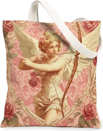 Generic Watercolor Valentines Day Gnome Canvas Tote Bag for Shopping 13x15, Fun Aesthetic Rose Love Heart Reusable Grocery Print Bag for Women, Holiday Beach 