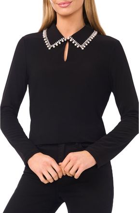 CeCe by Cynthia Steffe Faux Pearl & Rhinestone Detail Knit Top in Rich Black at Nordstrom, Size Large