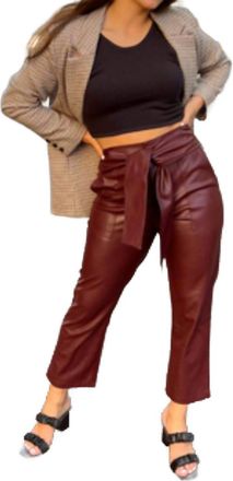 Lucy Paris Faux Leather Belted Ankle High Pants In Burgundy