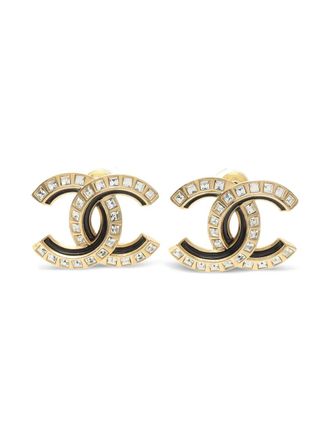 Chanel 1986-1988 Coco Mark rhinestone earrings - women - Rhinestone/Gold Plated Metal/Black Enamel - One Size