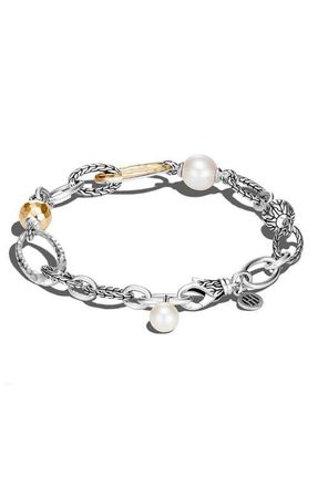 John Hardy Classic Chain Freshwater Pearl Chain Link Bracelet in White at Nordstrom, Size Medium