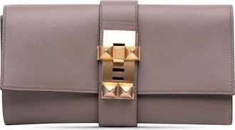 Herm&egrave;s Pre-owned Womens Leather Clutch Gold Buckle - Grey - One Size